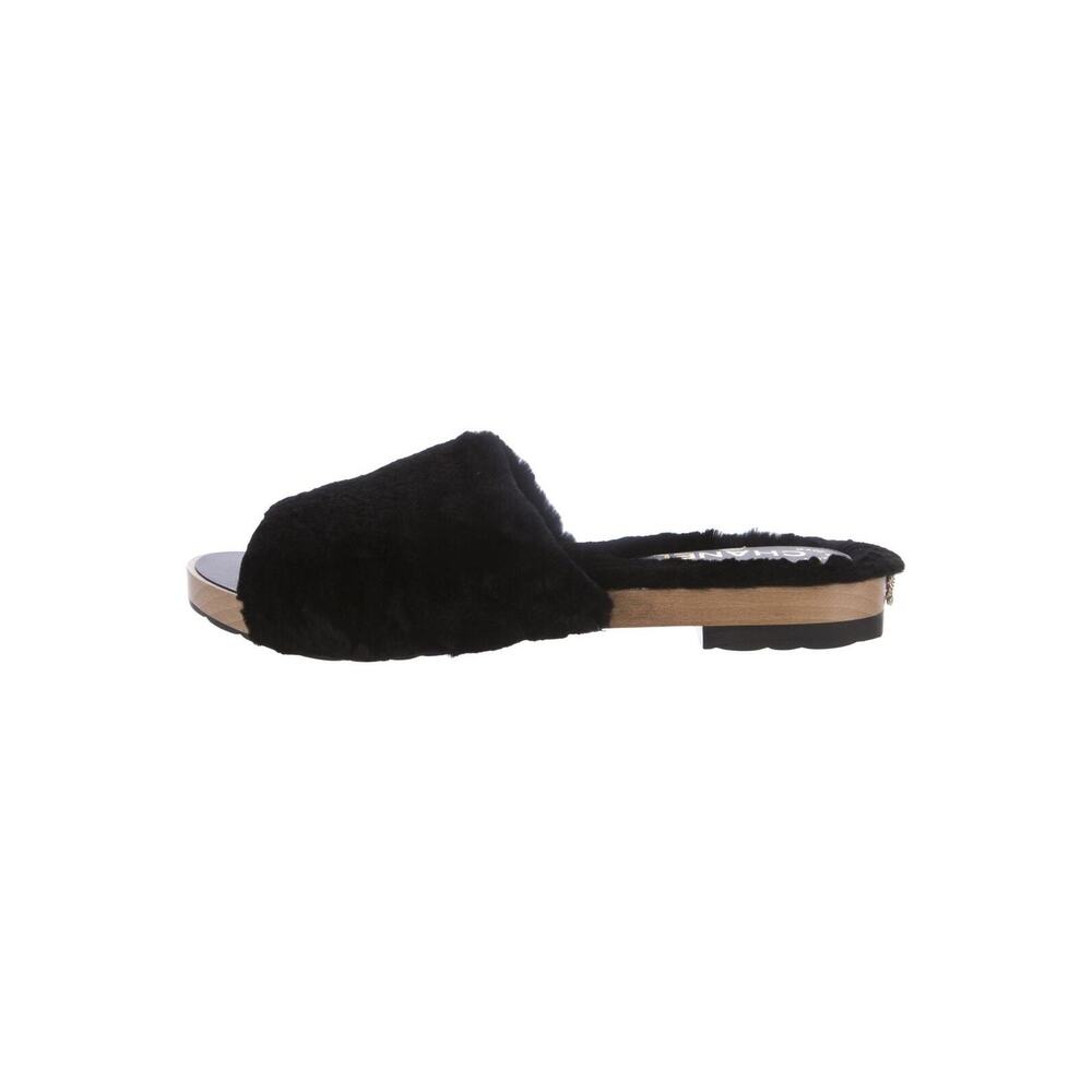 Chanel Black Orylag Fur Shearling CC Wedge Sandals Mules Slides 39